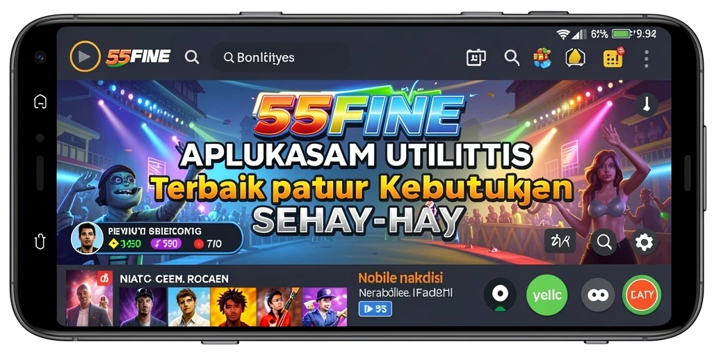 Tampilan utama aplikasi 55FIVE dengan fitur utilitas yang menarik.