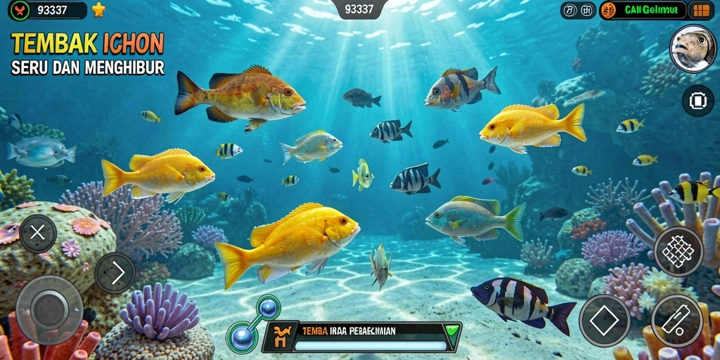Tampilan gameplay seru dari 93337 dengan berbagai ikan untuk ditangkap.