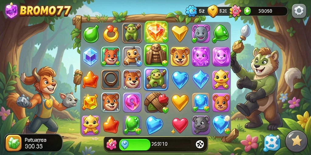 Tampilan menarik dari gameplay BROMO77 dengan batu permata colorful.
