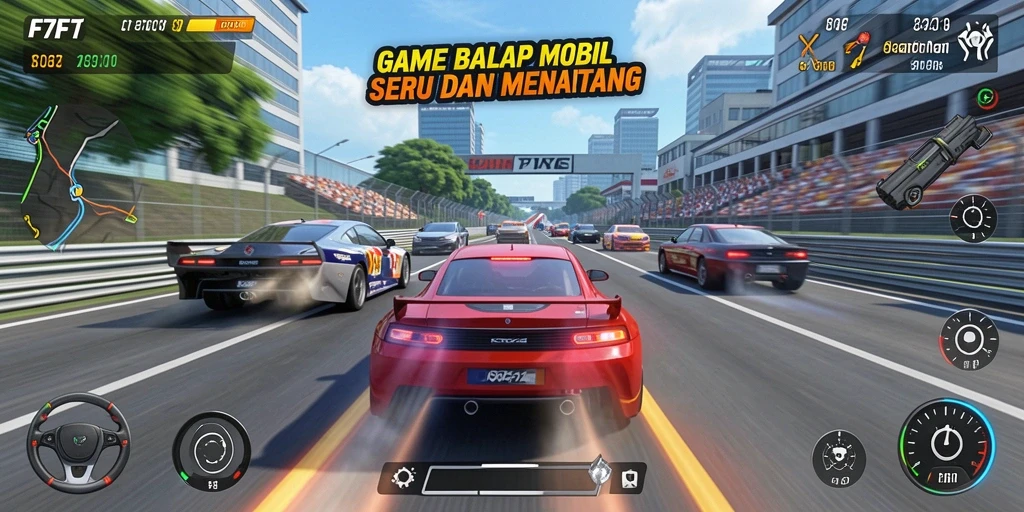 Gameplay F7F7 yang menampilkan aksi balap mobil yang seru.