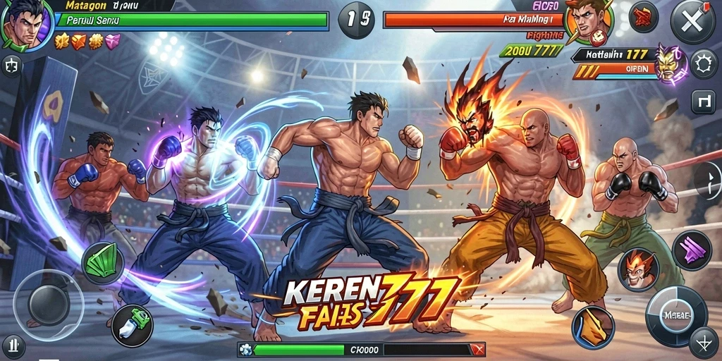 Tampilan gameplay action-packed dari KEREN777 menunjukkan berbagai pertarungan seru.