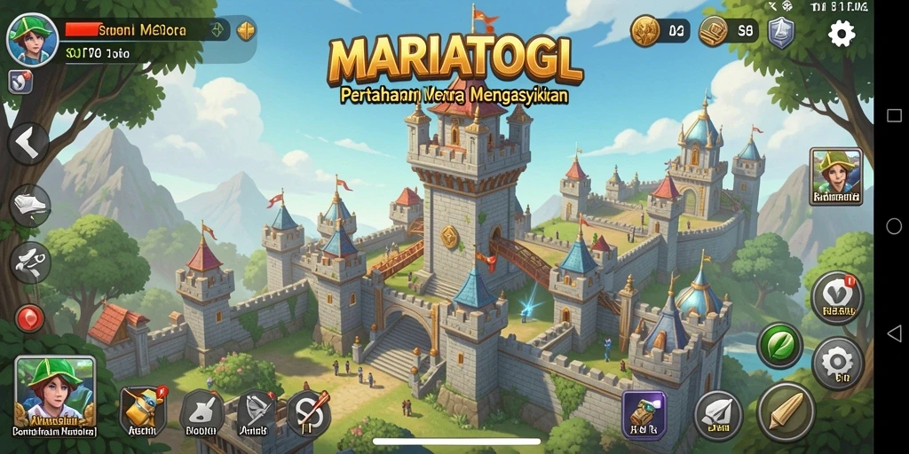 Tampilan gameplay MARIATOGL yang mendebarkan dengan menara bertahan dari serangan musuh.
