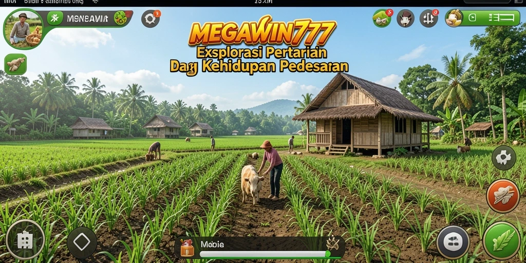 Screenshot gameplay MEGAWIN777 yang menampilkan ladang yang subur dan hewan peliharaan.