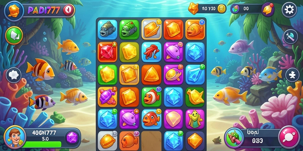 Screenshot gameplay PADI777 yang menunjukkan aksi mencocokkan elemen Match-3.