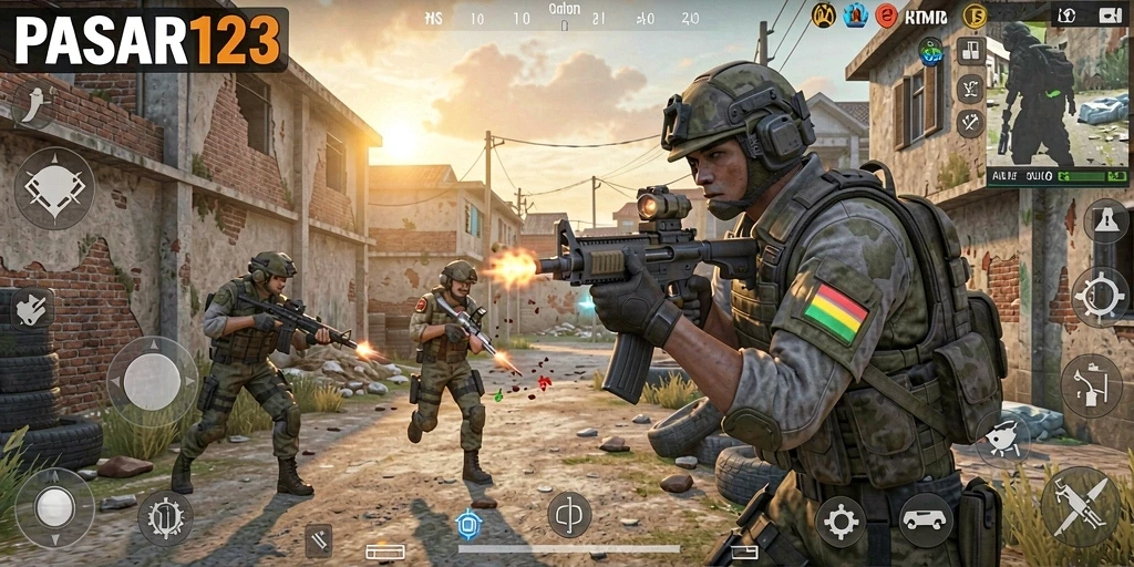 Tampilan gameplay intens dari PASAR123 di peta tempur yang seru.