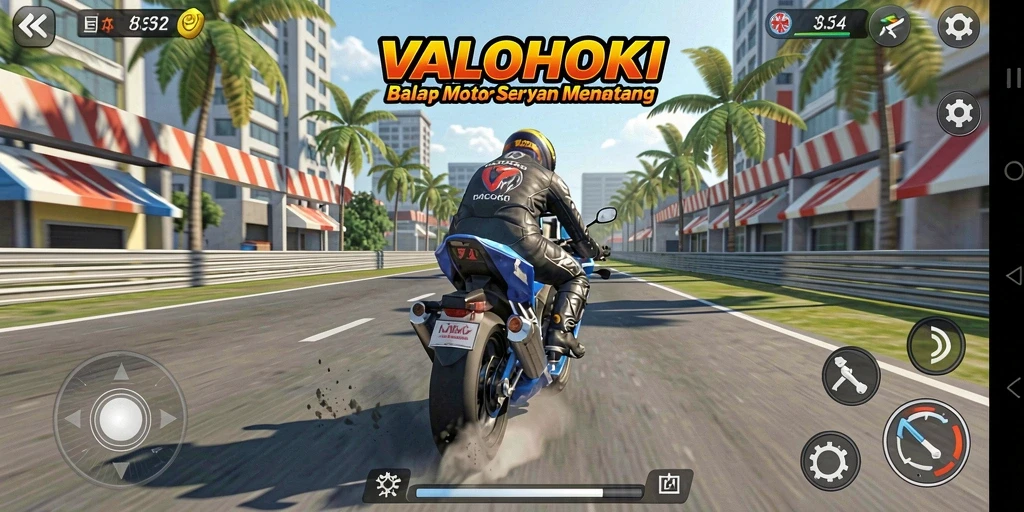 Tangkapan layar permainan VALOHOKI menampilkan balapan motor yang intens dan mendebarkan.